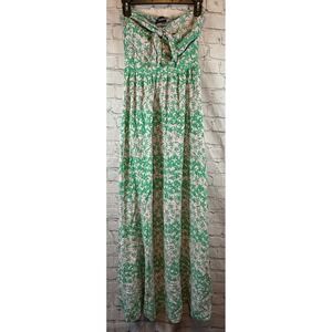 Aakaa Strapless Maxi Dress Palm Leaf Print Green‎ Pink Tie Front Womens Medium